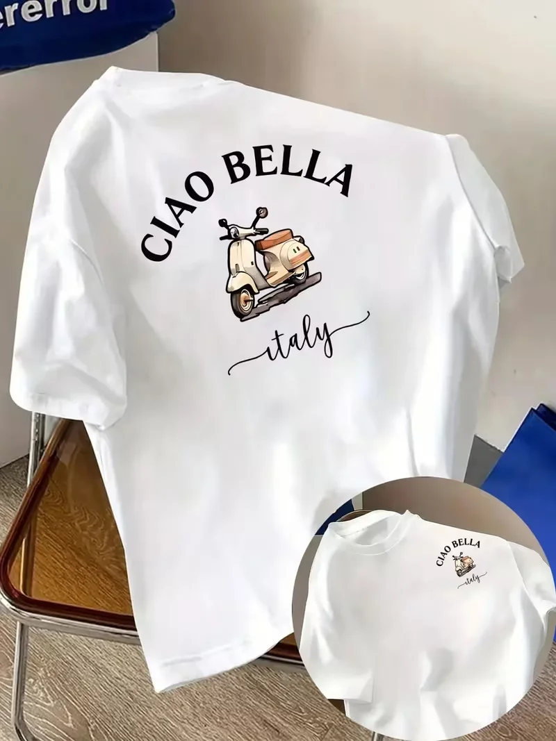 Stylish T-Shirt with Front and Back Prints Ciao Bella, Fashion Travel Daily Streetwear Essential for Italian Travel Lady's Tops