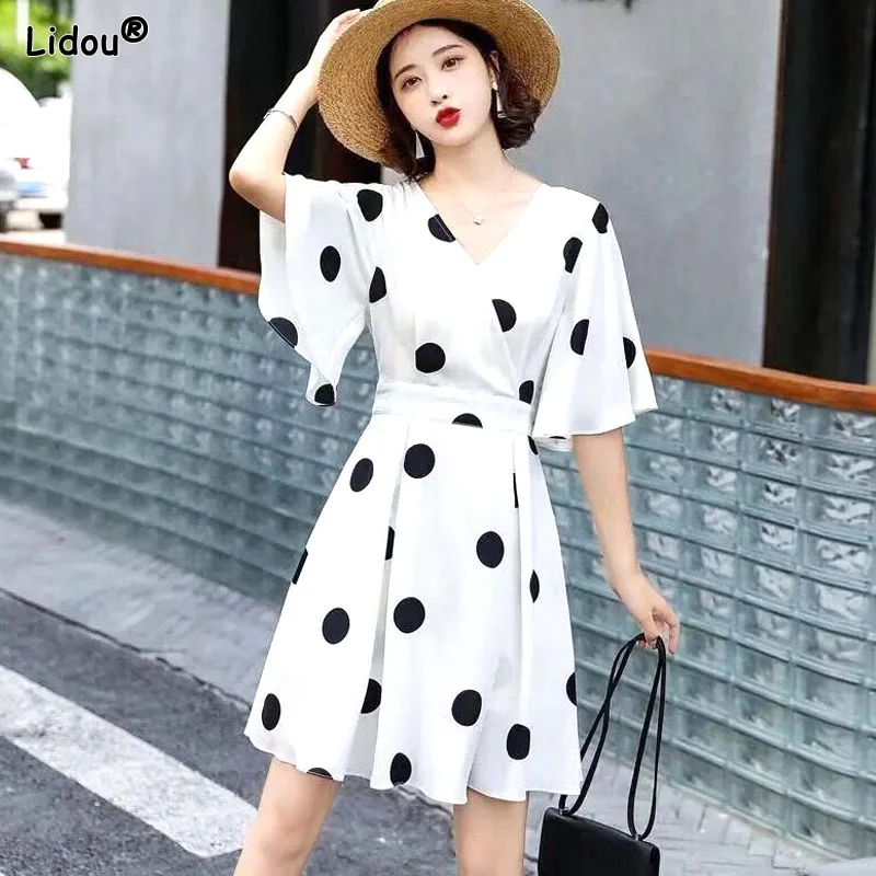 

Batwing Sleeve Dresses V-neck Simplicity Mini Skirts Fashionable Elegant Women's Clothing Lacing Thin Fashion Patchwork Summer