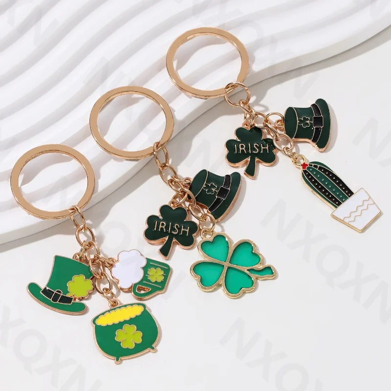 Green Four Leaf Clover Hat Cactus Enamel Keychain Plant Lucky Key Ring For Women Men Handmade St. Patrick's Day Gift Jewelry