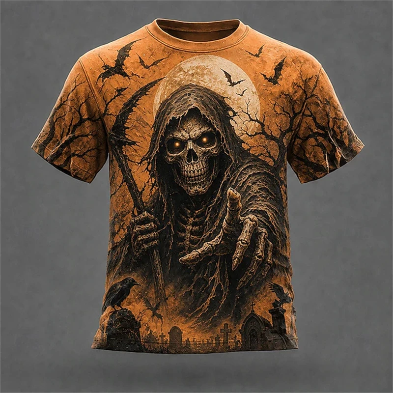 2026 New Men's 3D Grim Reaper Skull Print Crew Neck T-Shirt Halloween Horror Design Short-Sleeve Casual T-Shirt Party Outfit