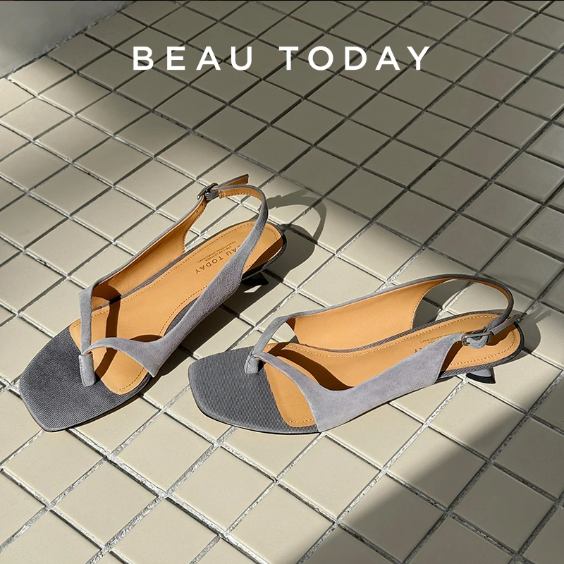 BEAUTODAY Retro Sandals Women Sheep Suede Solid Color Square Toe Flip Flop Pumps Back Strap Ladies Shoes Handmade MS3D038