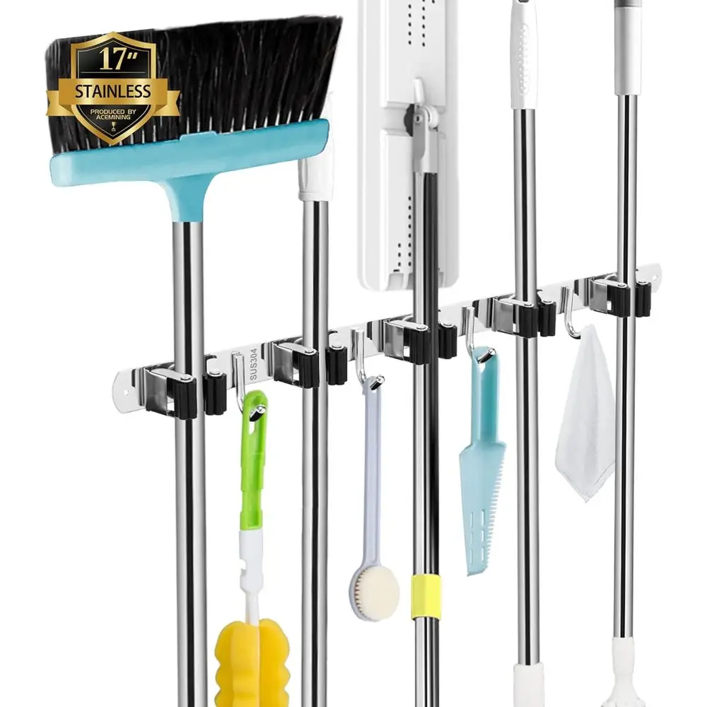 

5-Tier Wall-Mounted Mop and Broom Holder with 4 Hooks, Stainless Steel, Heavy Duty, Non-Slip, Easy to Install for Home, Kitchen,