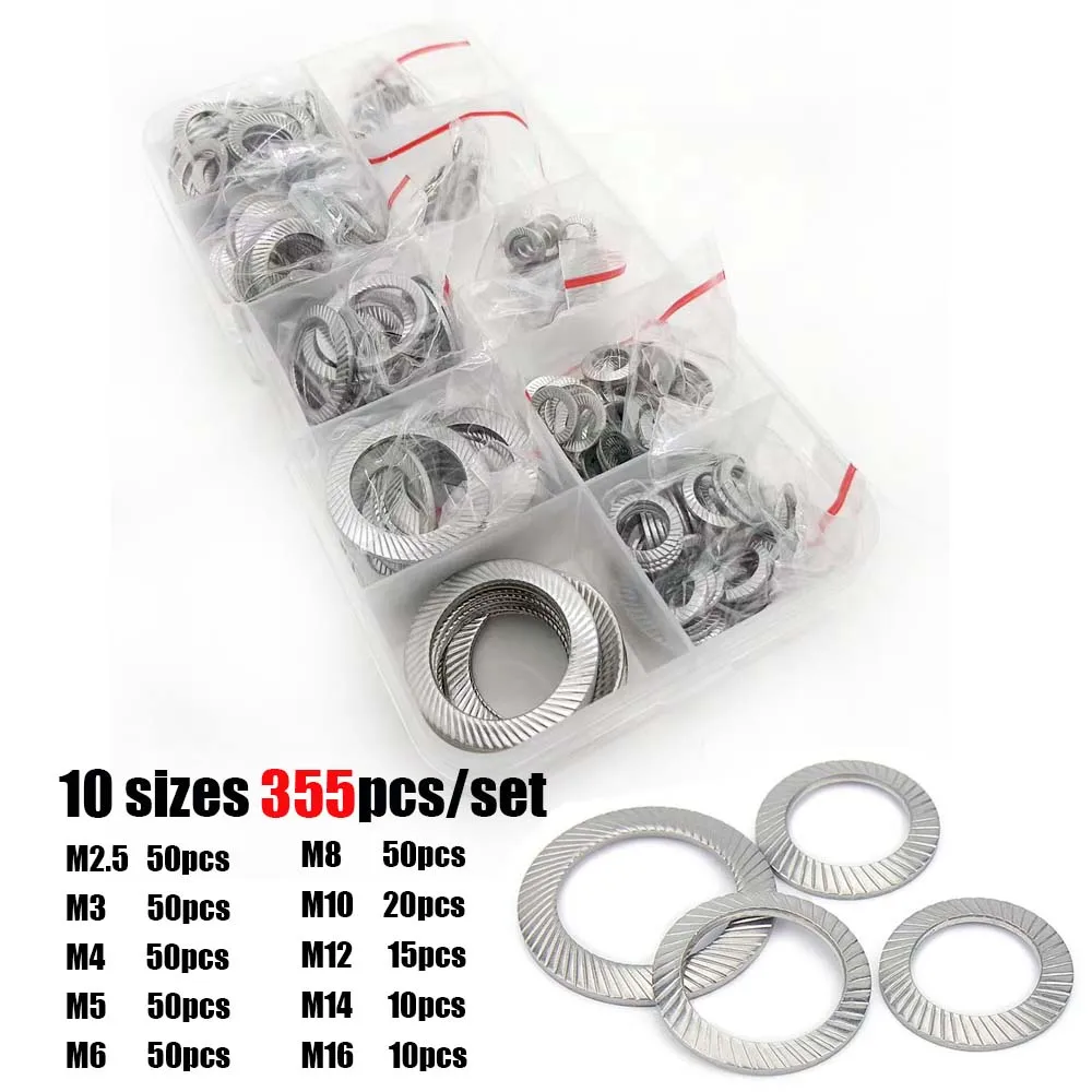 355pcs/set M2.5 to M16 DIN9250 304 Stainless Steel Knurled Elastic Gasket Disc Spring Serrated Lock Washer Assortment Kit Set