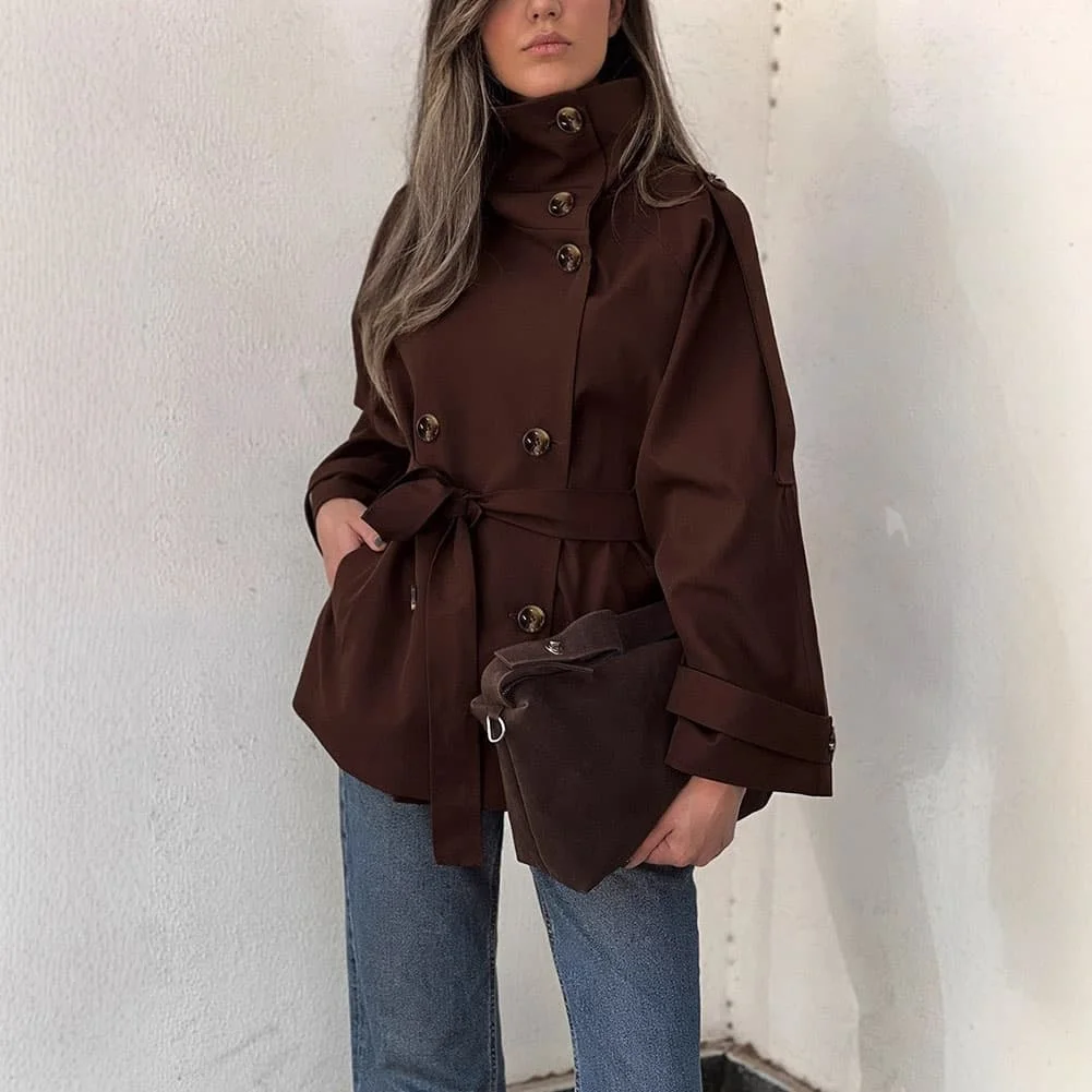 Retro-Style Cropped Jacket for Women Featuring Stand-Up Collar Double-Breasted Closure Belted Waist and Polyester Fabric