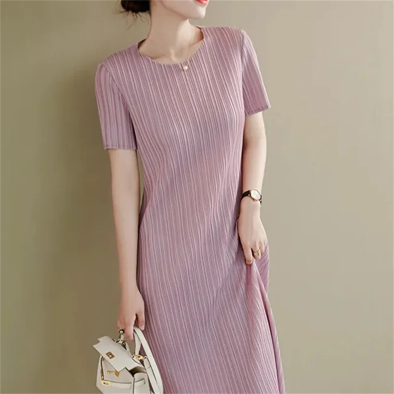 

Fashion Fold Dress 2024 New Summer Women's Dresses Vestidos Round neck Loose Slim Casual Dress Female Sundress