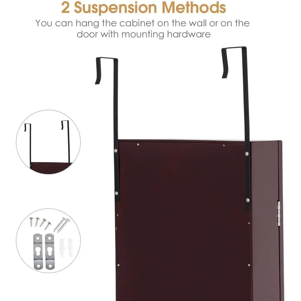 Brown Wall-Mounted Jewelry Armoire with Full-Length and Inside Makeup Mirrors, Large Storage for Women and Girls
