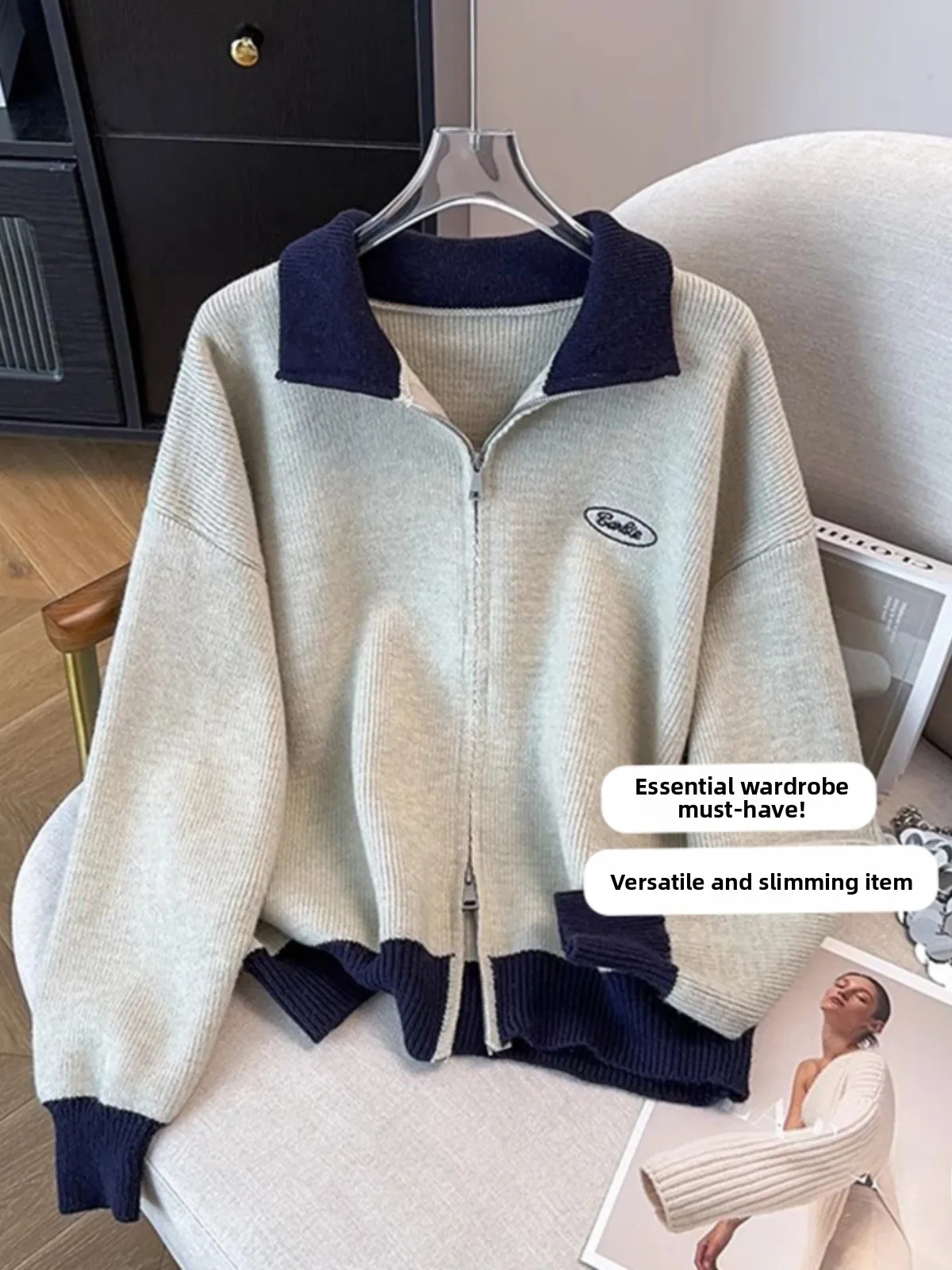 

Women's College Style Collar Shoulder Length Knitted Sweater Coat Double Zipper Loose Fit Winter Outerwear
