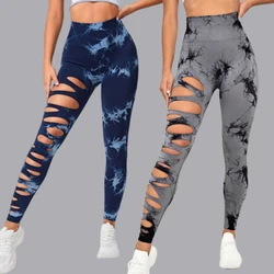 Tie Dye Yogo Gym Leggings Women Seamless Sport Tights Leggings High Waist Hollow Out Butt Lift Workout Trainning Jogging Pants