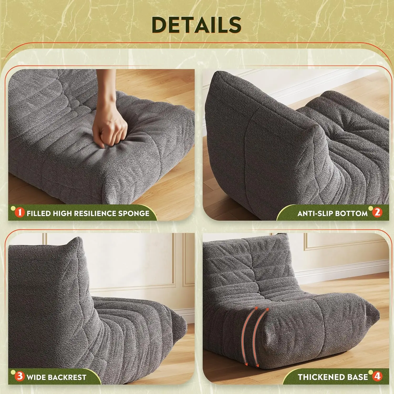 كرسي أريكة عملاق بين باج، كرسي للكبار من إسفنج الذاكرة لغرفة المعيشة وغرفة النوم، أسود