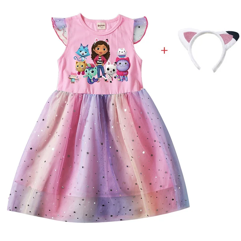 2PCS Baby Girl Princess Dresses + Headband Cartoon Gabby Cats for Kids Clothes Cosplay Costume Children Fly Sleeve Casual Dress