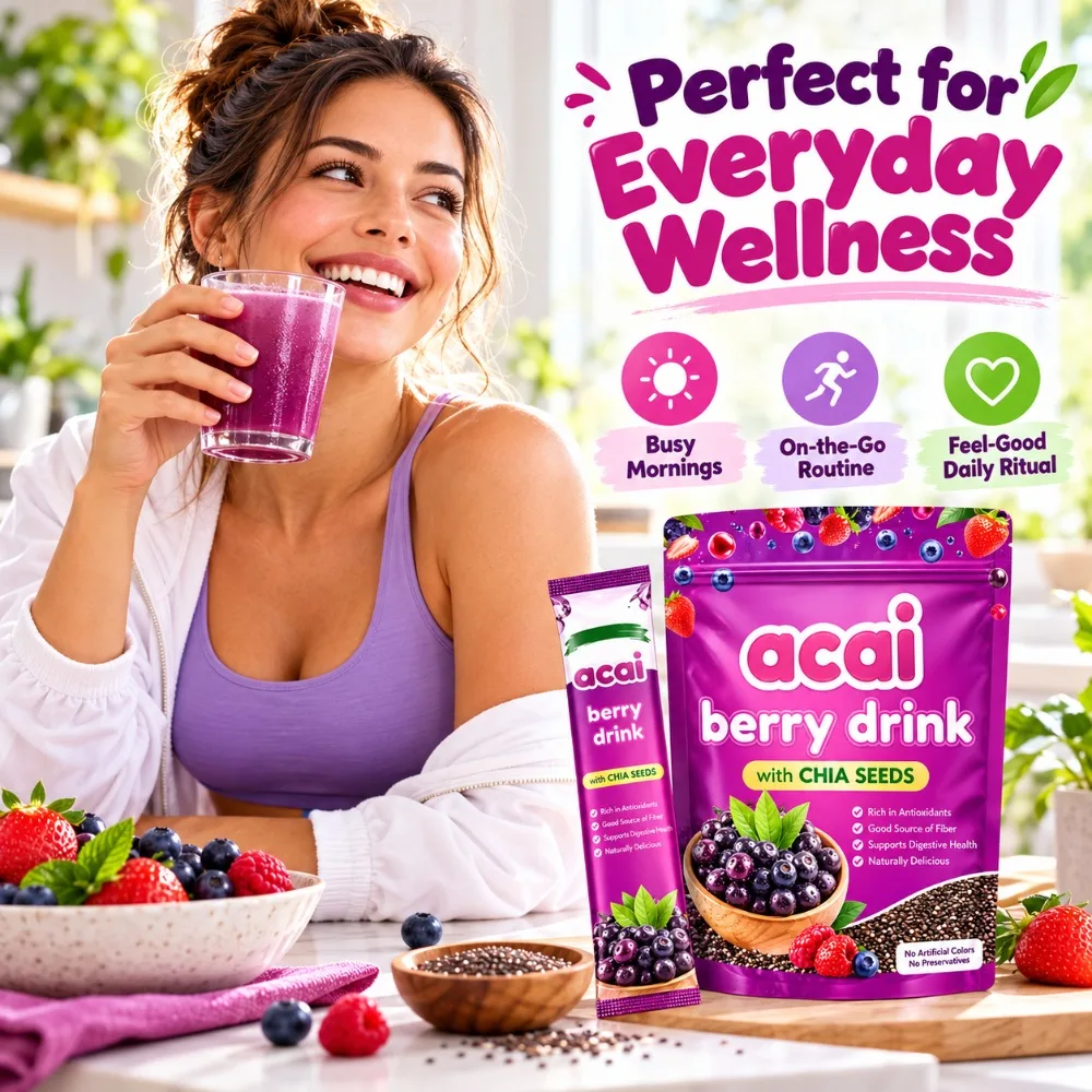Acai Berry Drink Powder with Chia Seeds 10 Count Easy Mix Superfood Supplement for Daily Digestive Skin and Immune Wellness
