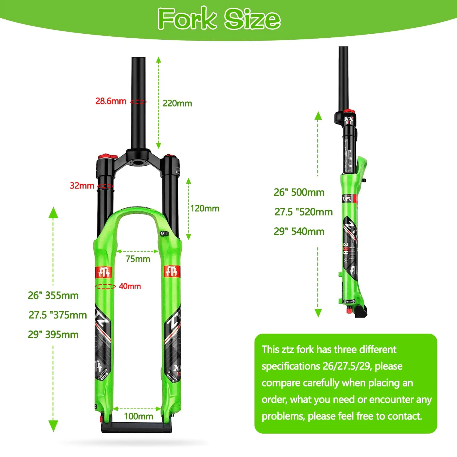 ZTZ-Fourche à suspension pneumatique VTT, VTT, Déplacement 26/27mm, Rebound Sister, QR 9mm, Verrouillage manuel, AM, 5/29 po, 120 po