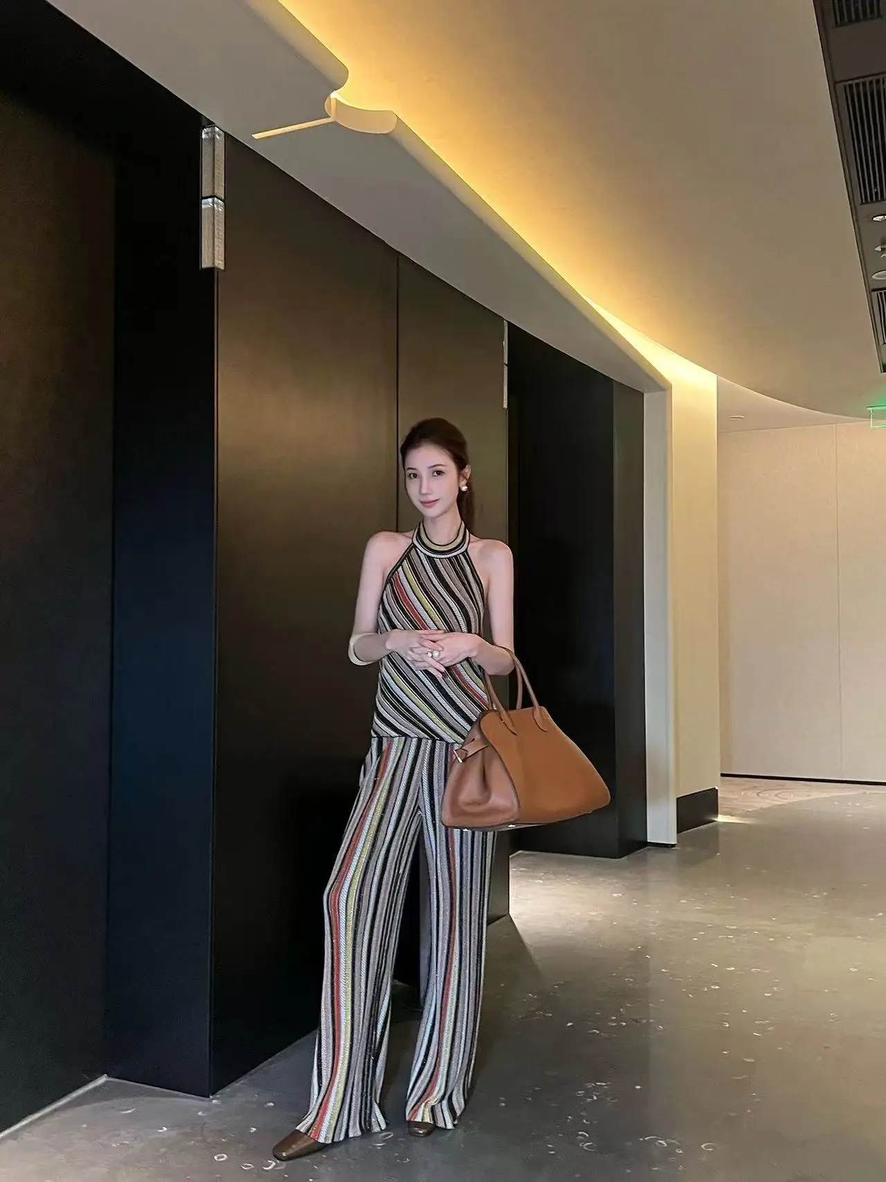 

Fashionable and elegant, versatile halter vest, colorful striped straight-leg pants, casual pants, 2025 new style knitted set