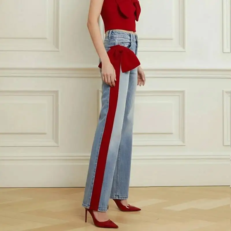 بنطلون جينز نسائي أنيق للخروج خريف وشتاء 2025، تصميم جديد أنيق مزين بفيونكة، بنطلون أزرق عصري للسيدات