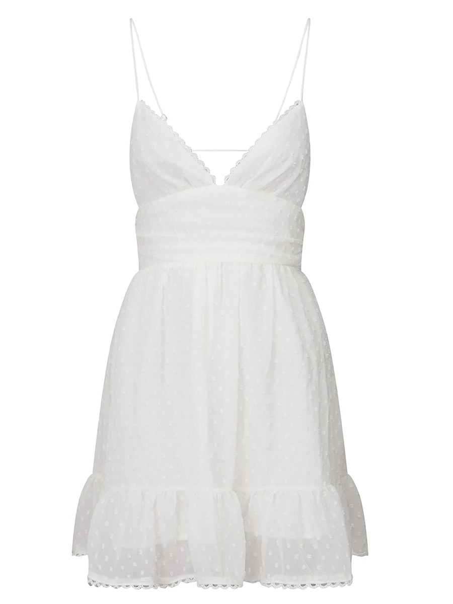 여성 캐미 드레스 스위스 도트 v 넥 스파게티 스트랩 민소매 미니 드레스 a 라인 드레스 여름 타이 업 백 레스 드레스