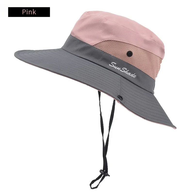 Zweifarbiger Damen-Sonnenhut mit Pferdeschwanzloch – atmungsaktives Mesh, wasserdicht, breite Krempe, für Strand und Angeln für Frühling, Sommer – Detail 3
