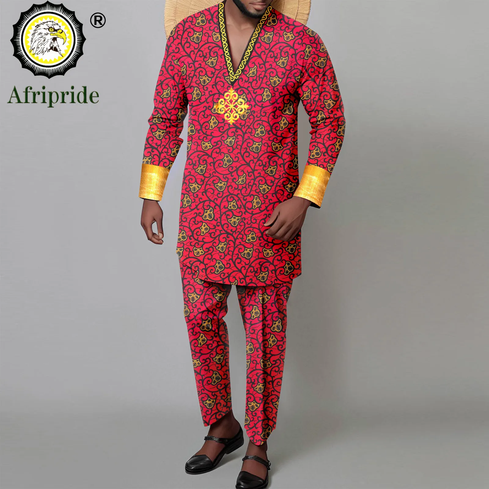 Tracksuit Men African Clothes V-neck Long Sleeve Embroidery Shirts and Pant 2 Piece Set Dashiki Attire Print Outfits A2316033