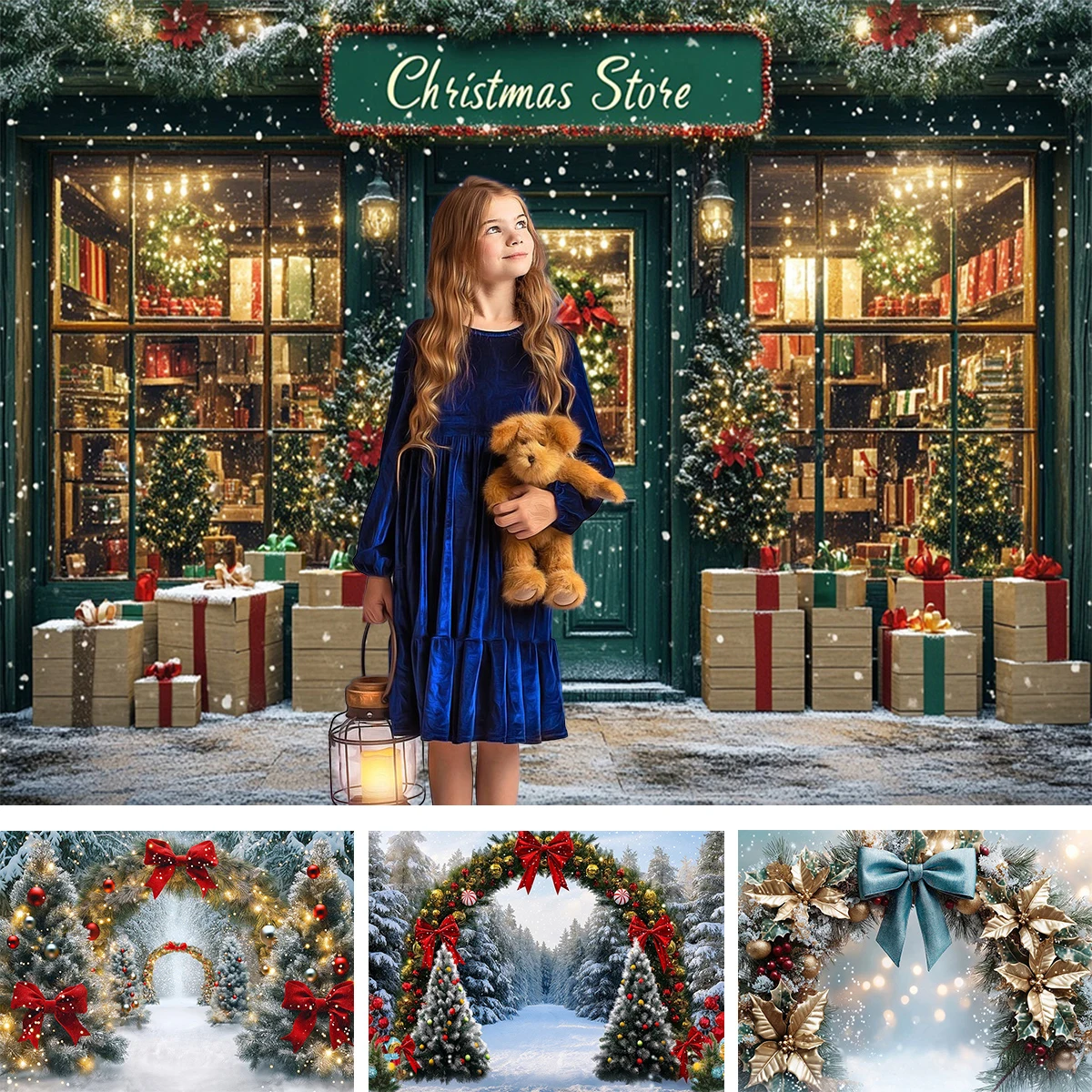 

Winter Christmas Arch Trees Background for Photography Kids Birthday Family Decor Xmas Snow Vintage Bow Photo Backdrops