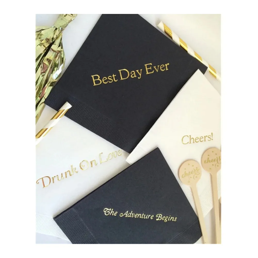 Personalized Metallic Gold Foil Napkins, Best Day Ever Drunk on Love, The Adventure Begins Cheers, Any Color, 50 Napkins