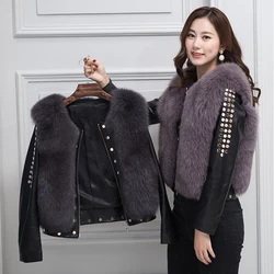 Traje de invierno de piel de zorro auténtica para mujer, chaqueta de piel de oveja con abrigo de lujo