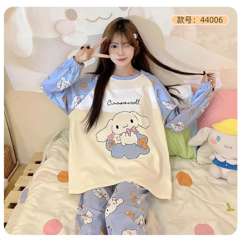 Cotton Pajamas Cartoon Kuromi Female Spring Autumn Homewear Cute Girls Sweet Long Sleeves Pants Large Size Lounge Clothes Suit