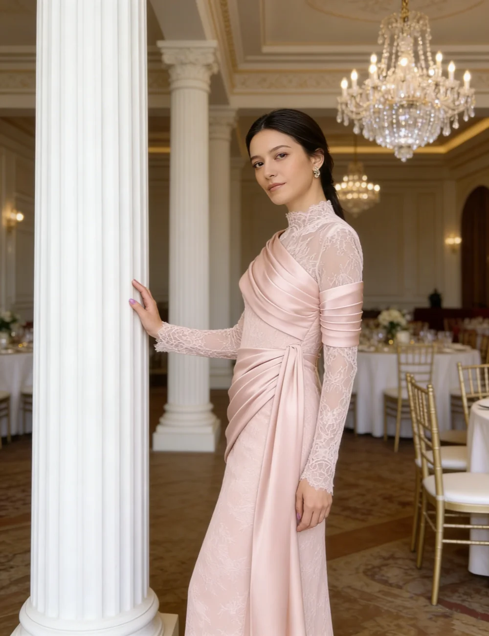 

Customized Exquisite High Quality Lace Pleat Draped Straight High Collar Floor-Length Evening Dresses for Woman Retro