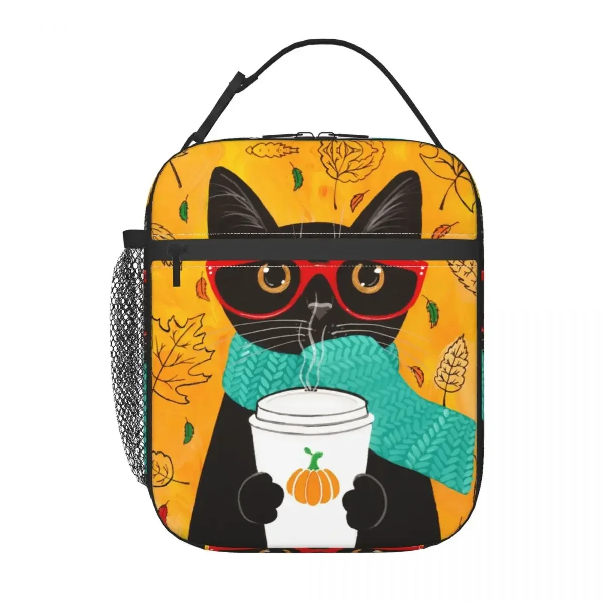 Black Cat Insulated Lunch Bag for Women Leakproof Autumn Pumpkin Coffee Thermal Cooler Lunch Box Office Work School