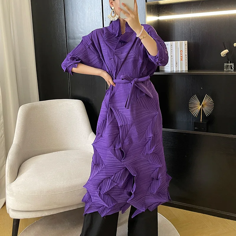 Miyake Pleated Lace Up Long Coat 2023 Autumn New Diamond Pleated Scarf Loose Cardigan Windbreaker Dress Women's Wear