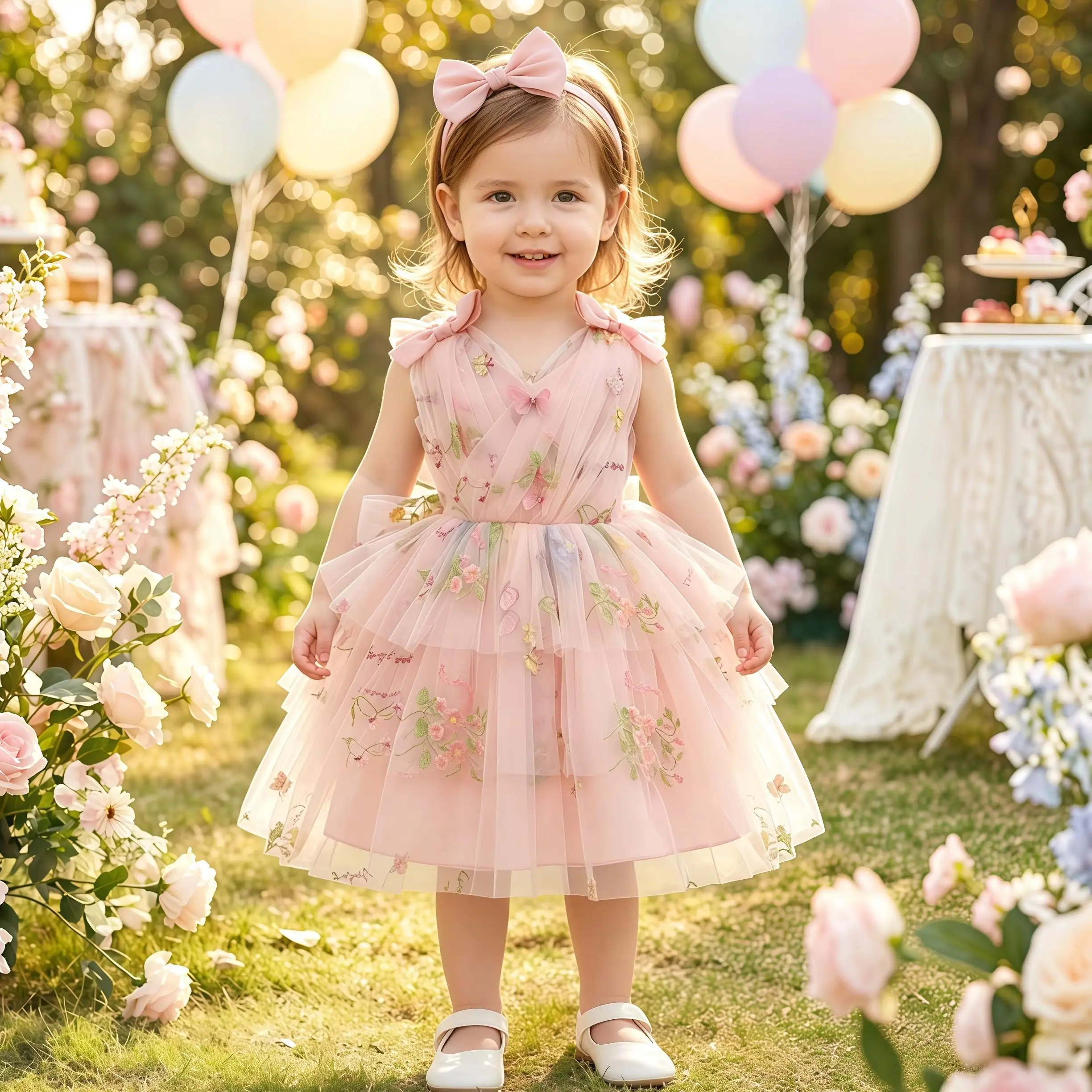 幼児の女の子用ページェントドレス、ボウチュールチュチュドレス、フラワーキッズウェディングプリンセス、1歳の誕生日パーティー、洗礼式、フォーマルプロムガウン