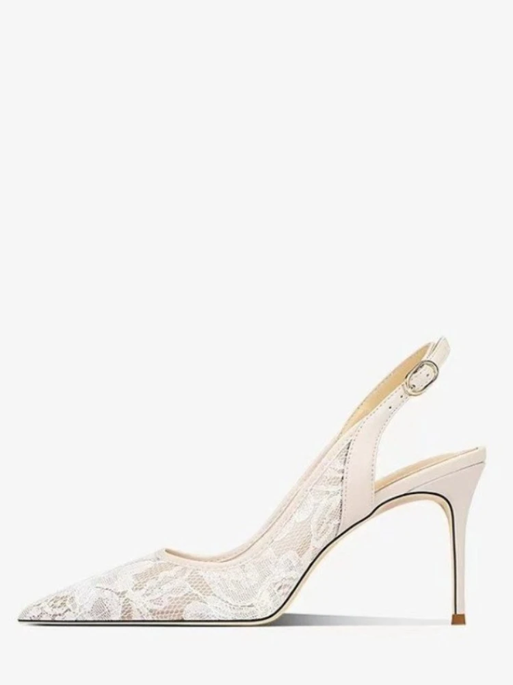 Fashion Lace Embroidery High Heel Shoes Female Korea Style Sexy Pointed Toe Slingback Summer Sandals Cutouts Thin Heels Shoes