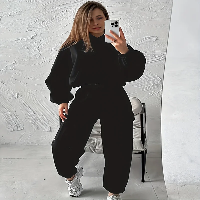 بدلة ركض نسائية كاجوال مكونة من قطعتين بأكمام طويلة مع بدلة سويت شيرت بجيب #1