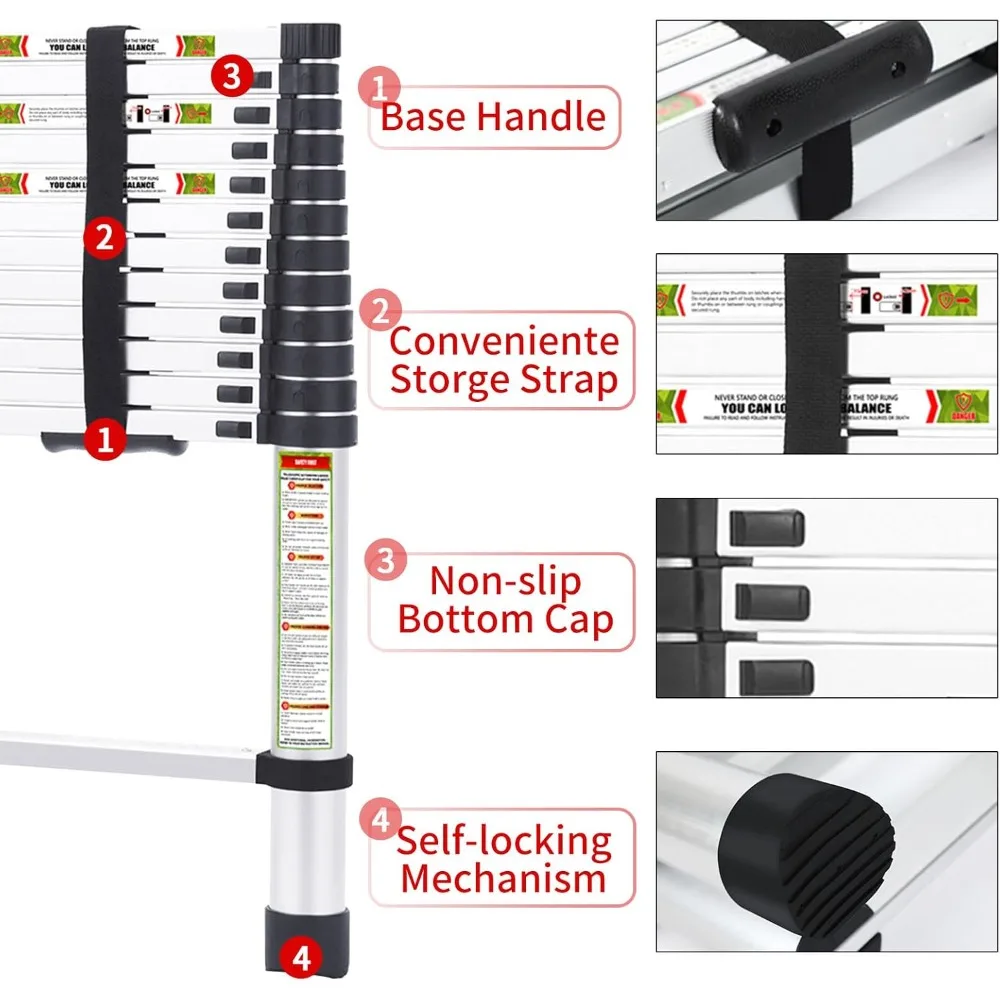 12,5 Fuß große Aluminium-Teleskopleiter mit rutschfesten Füßen, tragbare Verlängerungsleiter für den Heim- und Außenbereich, 330 Pfund Kapazität