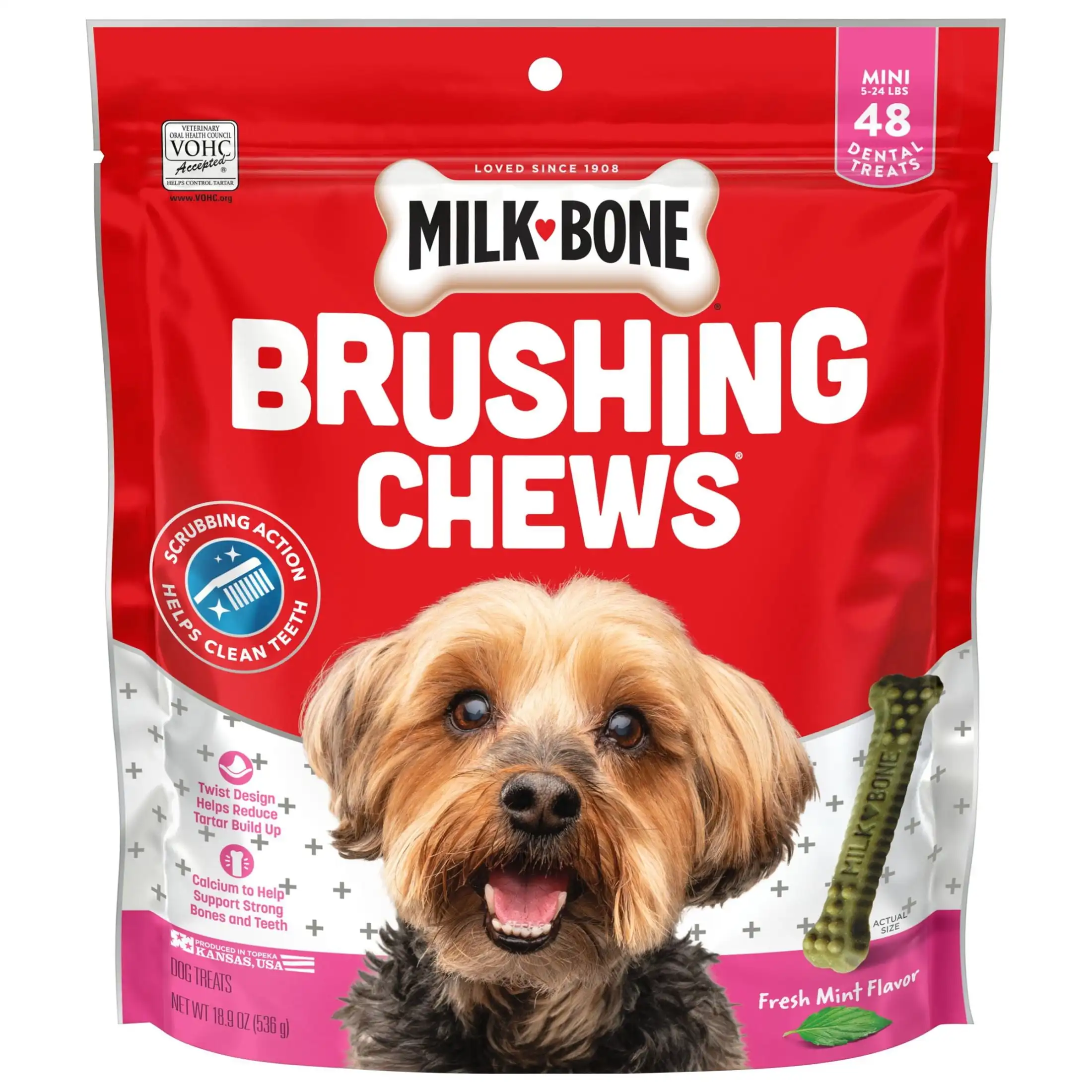 

Brushing Chews Daily Dental Dog Treats, Fresh Breath, Mini, 18.9 oz. Bag, 48 Bones per Bag