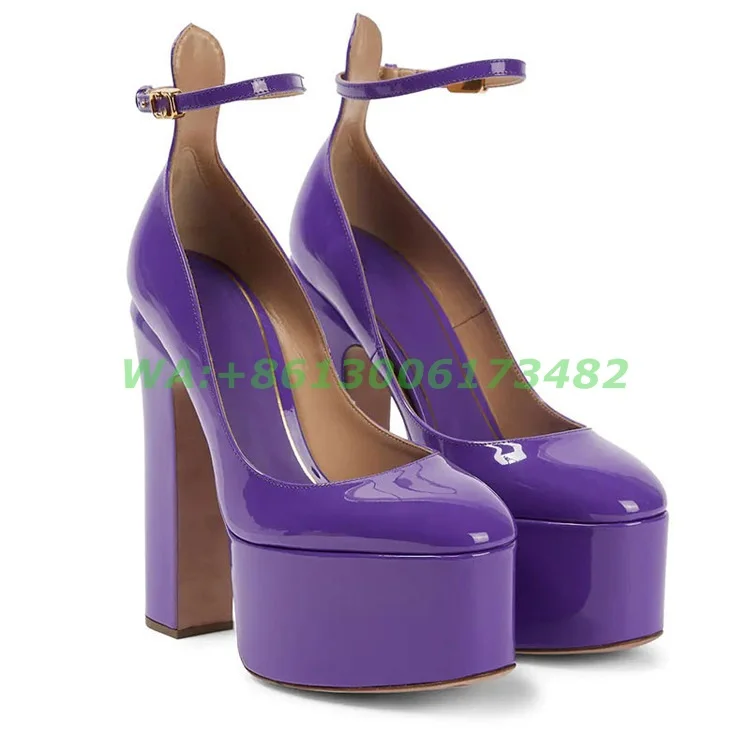 design women candy color patent leather chunky high heel platform pumps sexy lady block heel high platform buckle pumps