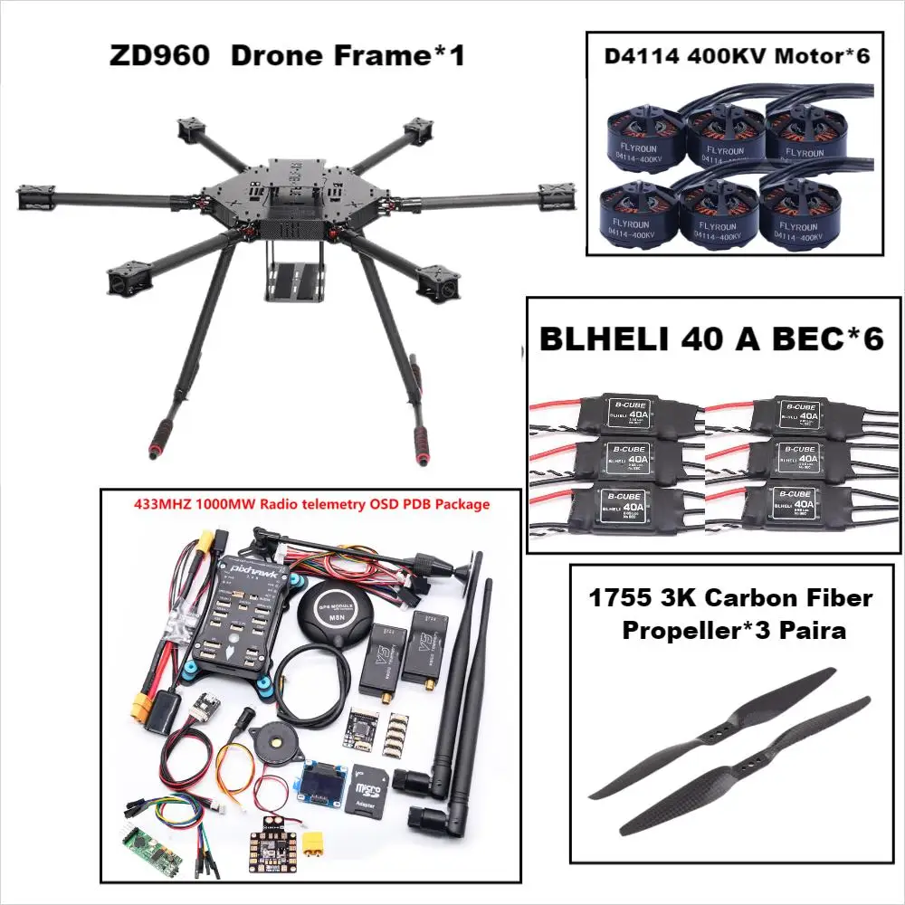 Rctosky ZD960 PIXHAWK2.4.8 M8N Full Carbon Fiber  Hexa-Rotor Frame BLHELI 40A ESC Flight Comtrol Rado Telemetry Set