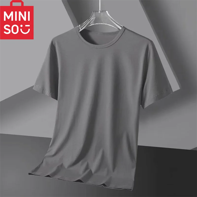 MINISO round neck ice silk men\'s short sleeved T-shirt summer men\'s solid color ice feeling base shirt