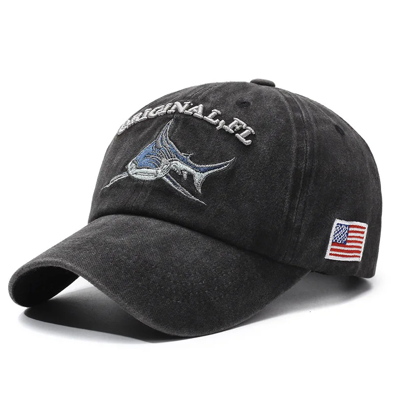 Embroidery Washed Cotton Shark Dad Hat for Men Vintage Baseball Cap Hip Hop Curved Fishing Cap Summer Fish Snapback Women Hat