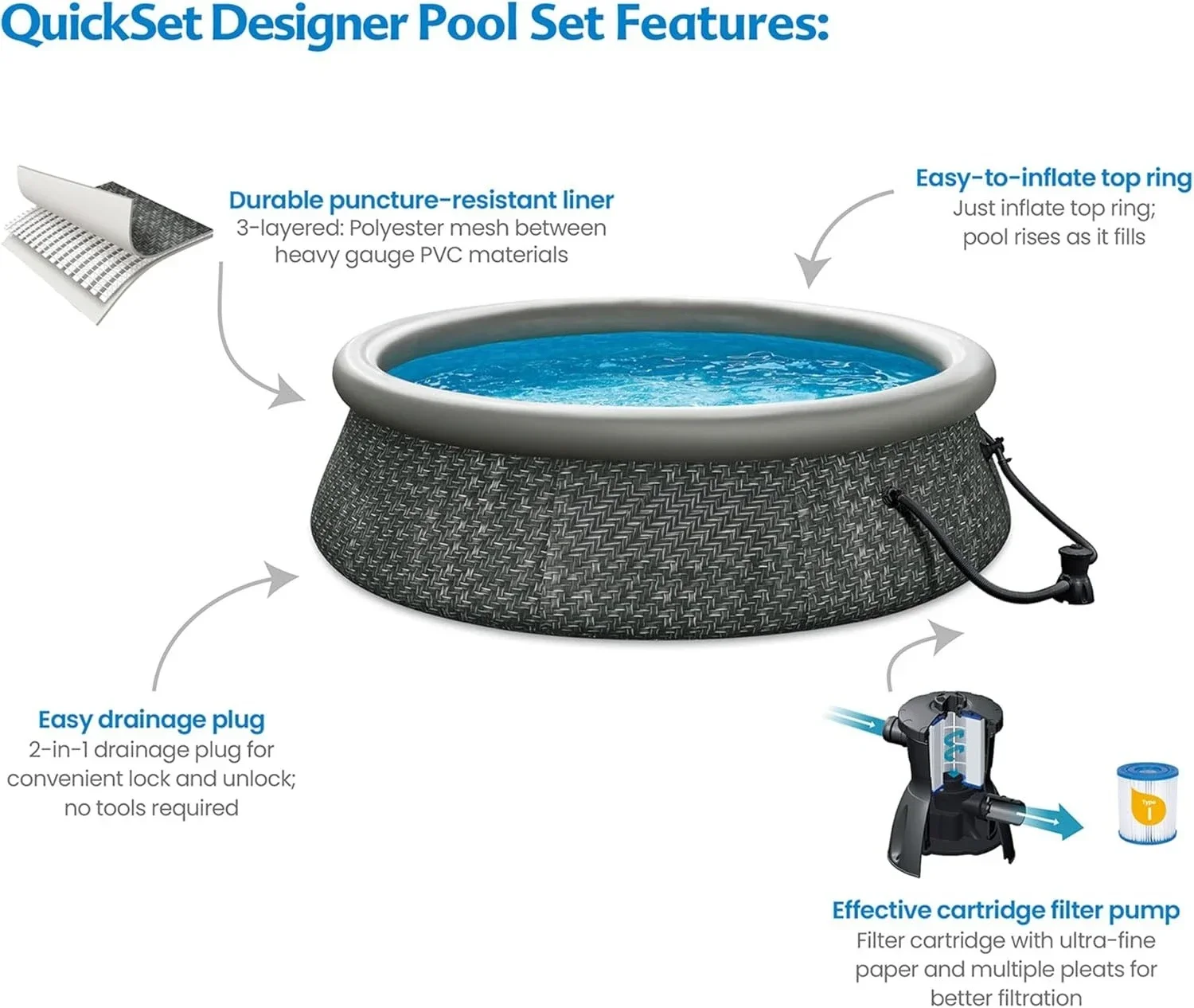 

[New Arrival, Discounted Price!]10' x 30" Quickset Designer Round Inflatable Ring Top Outdoor Above Ground Swimming Pool with Fi