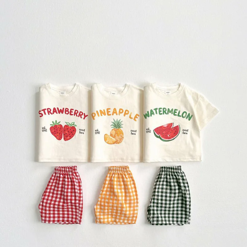 

2026 Summer New Children Short Sleeve Clothes Set Boys Girls Fruit Print T Shirts + Plaid Shorts Cotton 2pcs Suit Kids Outfits