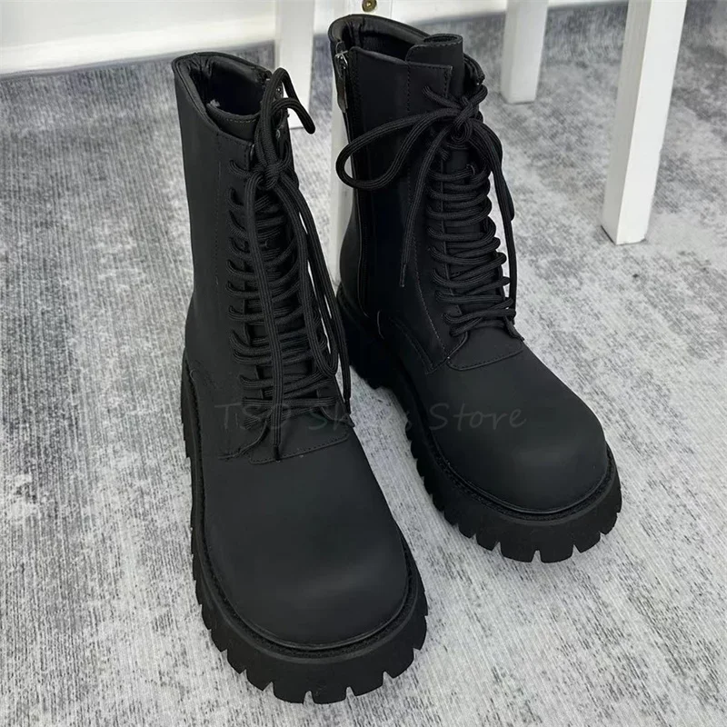Big Toe Black Boots 2023 New Unisex British Round Toe Short Boots Thick Soled Zipper Lace Up Chelsea Boots Mid Booties Shoes