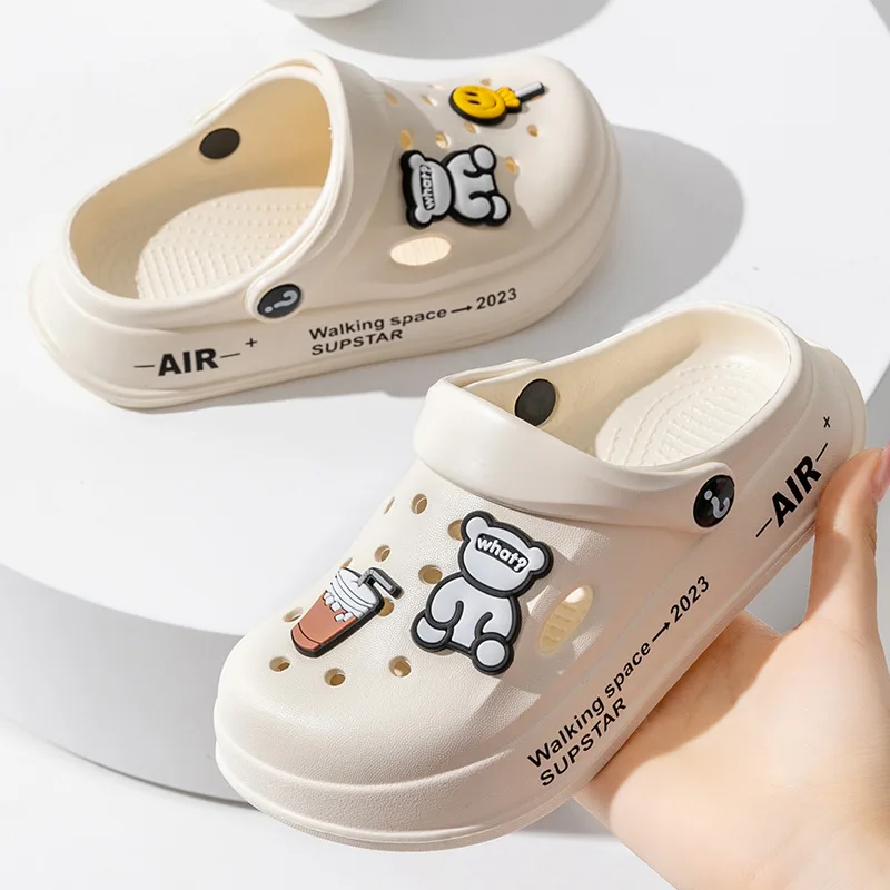 Summer Kids' Cartoon Bear Hole Shoes Baby Indoor and Outdoor Sandals Boys Girls Home Heel Wrap Non-Slip Wear-Resistant Slippers