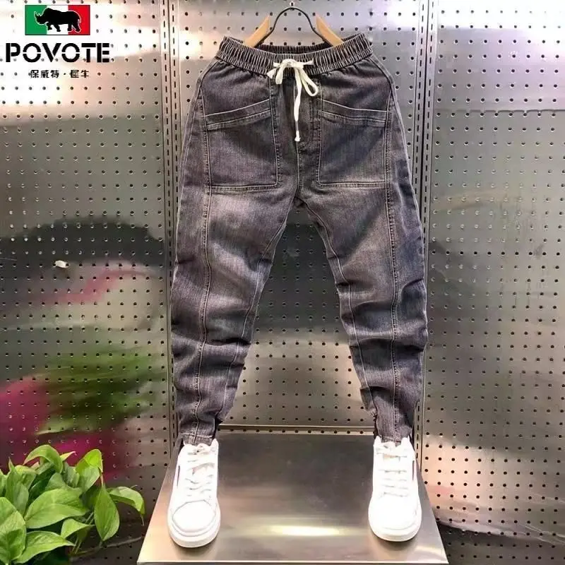 Harajuku moda uomo casual Kpop designer baggy allentato elastico in vita jeans denim primavera autunno jeans con coulisse pantaloni di lusso