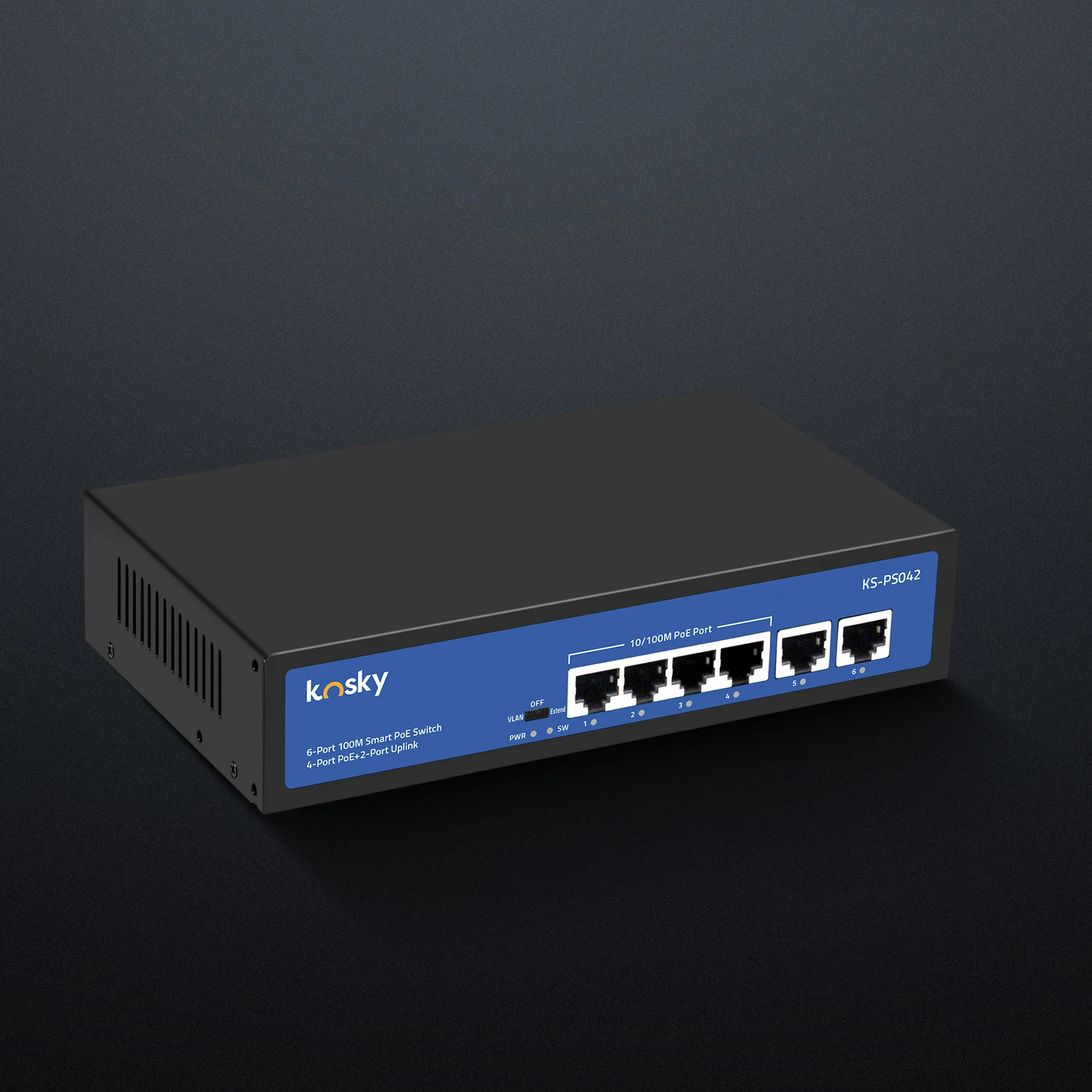 كوسكي KS-PS042 |   6 منافذ إيثرنت سريعة غير مُدارة بسرعة 10/100 ميجا بت في الثانية PoE Switch |   4 منافذ PoE+ |   التوصيل والتشغيل | تصميم معدني بدون مروحة