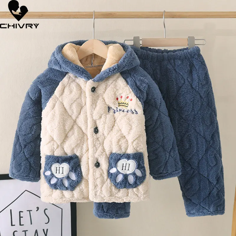 New Winter Kids Flannel Pajamas Cartoon Hooded Thicken Cotton-Padded Tops with Pants Boys Girls Sleepwear Pyjamas Sets Homewear