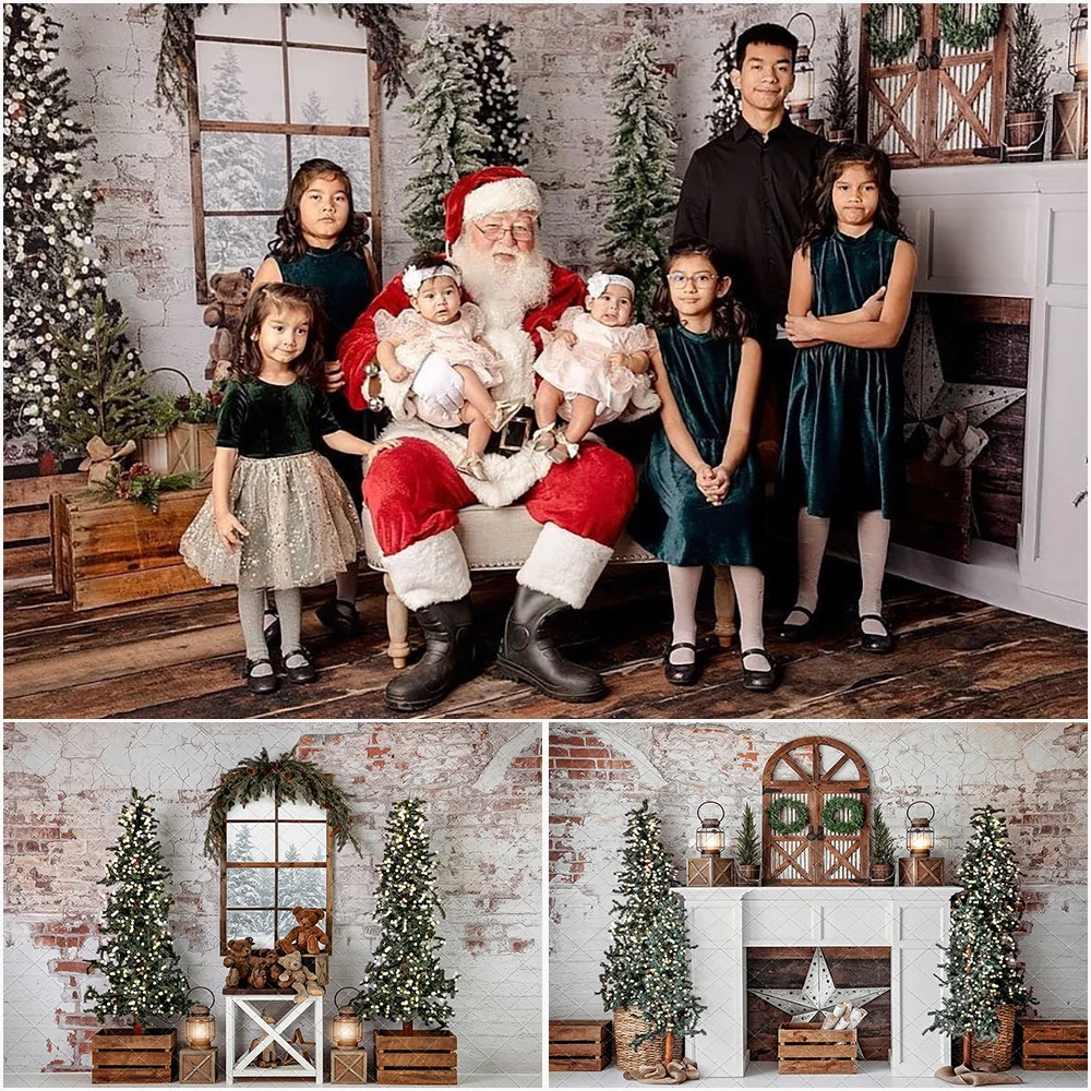 Vintage Rustic Holiday การถ่ายภาพฉากหลังคริสต์มาสเตาผิงอิฐผนังภาพพื้นหลังภาพครอบครัว Photo Studio Props