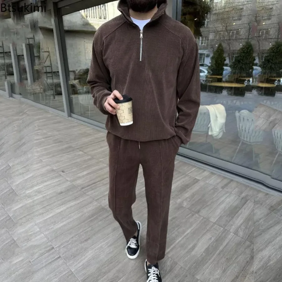 2025 Autumn/Winter Corduroy 2-piece Sets Men's Long Sleeve Stand Collar Sweatshirts Long Pants Sets Solid Casual Men Tracksuits