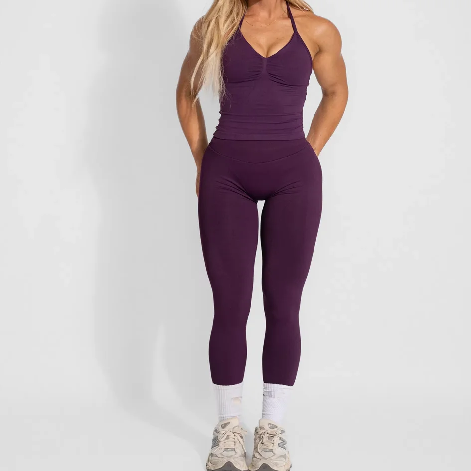 

2025 2-Piece Yoga Set Ladies Gym Training Leggings and Neck Tank Yoga Fitness Seamless Set Pilates Clothes Workout Sportswear