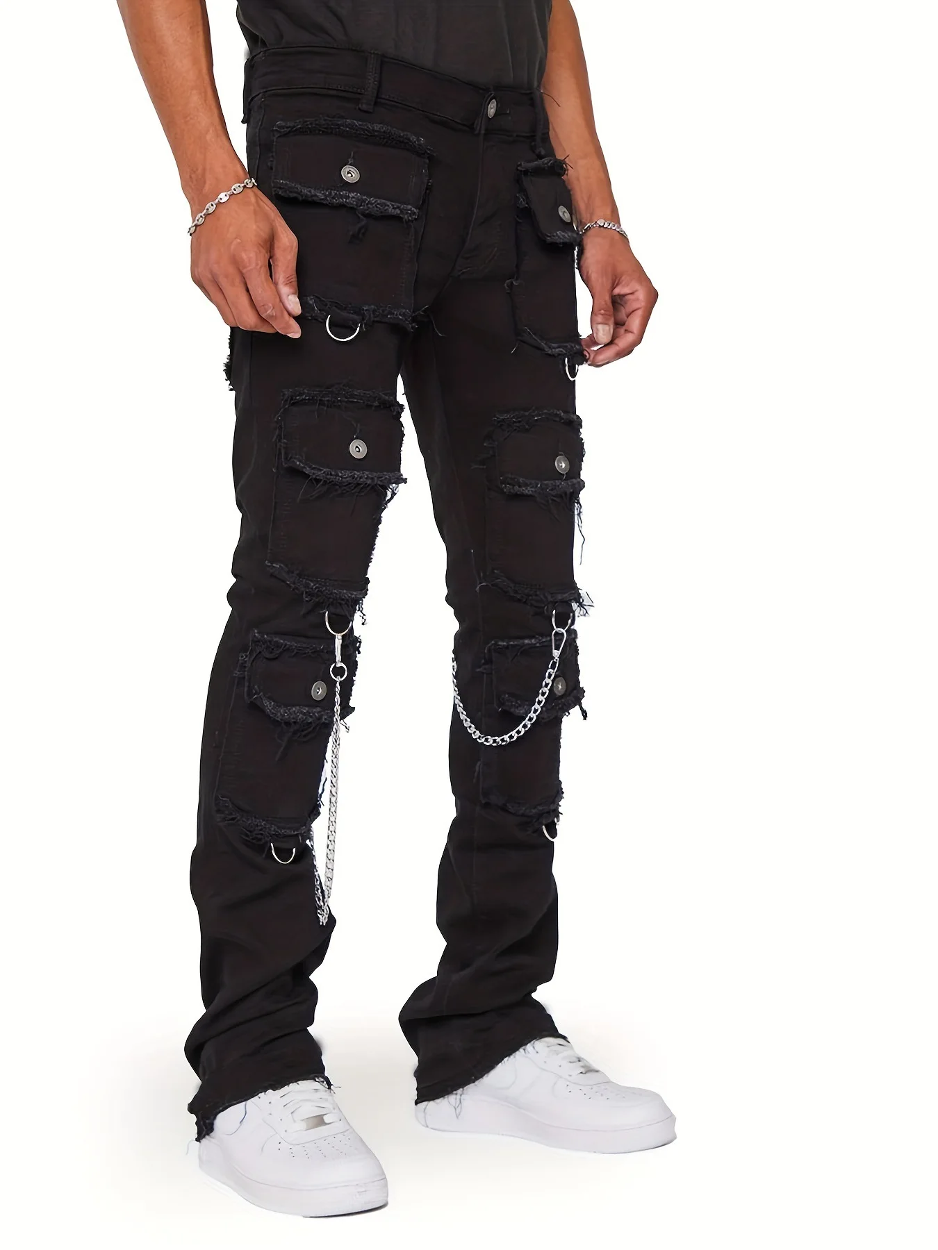 Mens Stacked Jeans Joggers Pants High Street Mult Pockets Men Jeans Slim Fit Denim Jeans Trousers