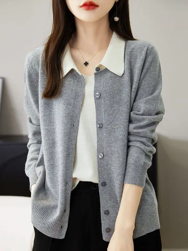 

Simple Casual Woolen Sweater for Women with Collar Autumn Season Outlet Station Color Blo Knitted Outerwear Soft Modal Fiber