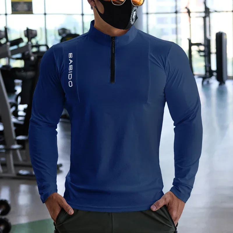 Sport Fitness Langarm Männer Herbst Dehnbar Quick-Dry Lauf Gym Training Kleidung Schlank Reißverschluss Baseball Tennis Sport Tops